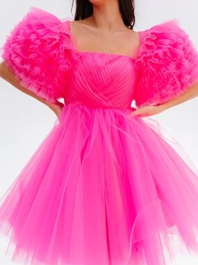 Hot Pink Tulle Puff Sleeve Party Dress